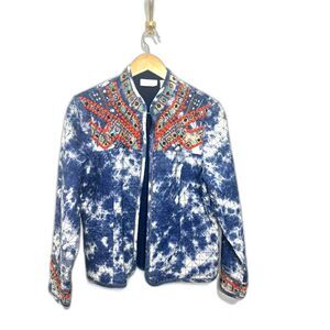 Chico's Blue Tie Dye Quilted Open Jacket Embroidered Chicos Size M Pompom Boho